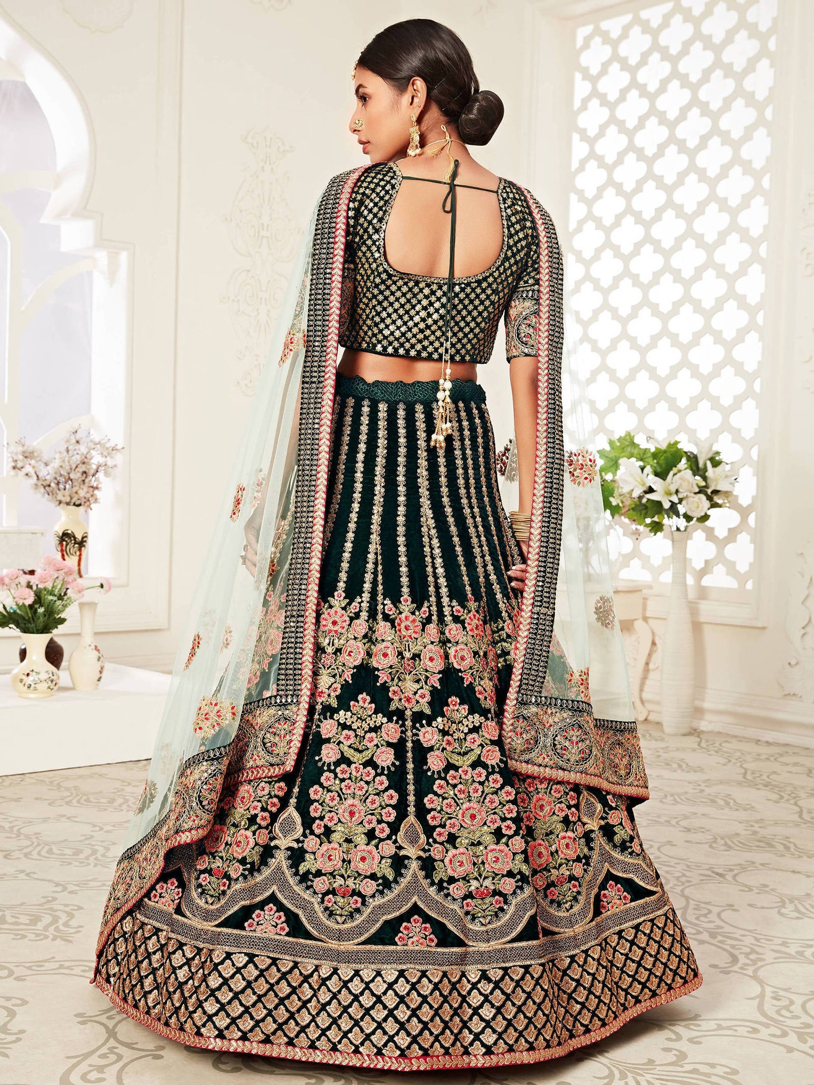 Glorious Bottle Green Heavily Embroidery Velvet Bridal Lehenga Choli With Light Blue Dupatta ClothsVilla