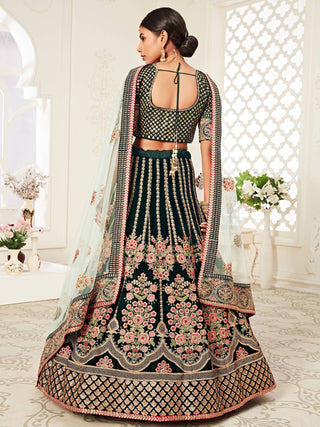 Glorious Bottle Green Heavily Embroidery Velvet Bridal Lehenga Choli With Light Blue Dupatta ClothsVilla