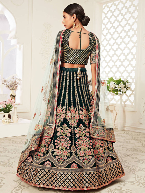 Glorious Bottle Green Heavily Embroidery Velvet Bridal Lehenga Choli With Light Blue Dupatta ClothsVilla