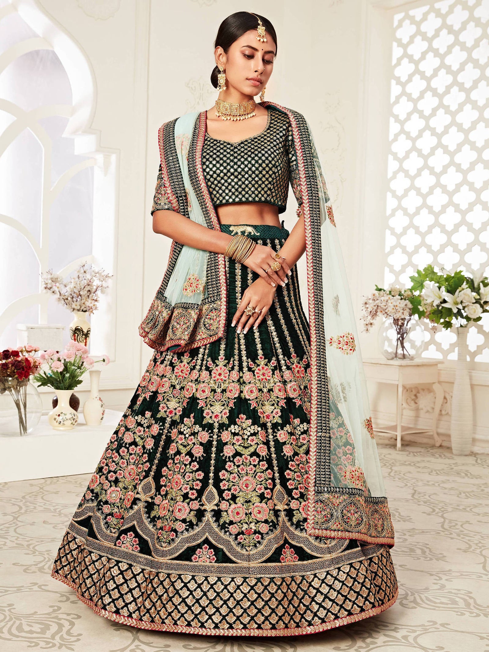 Glorious Bottle Green Heavily Embroidery Velvet Bridal Lehenga Choli With Light Blue Dupatta ClothsVilla