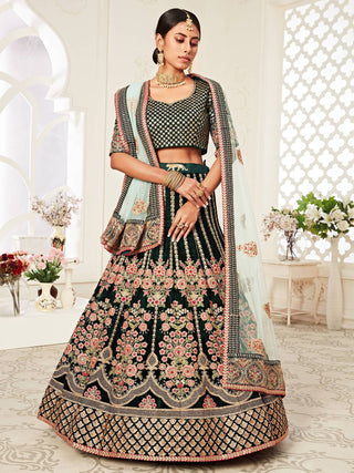 Glorious Bottle Green Heavily Embroidery Velvet Bridal Lehenga Choli With Light Blue Dupatta ClothsVilla