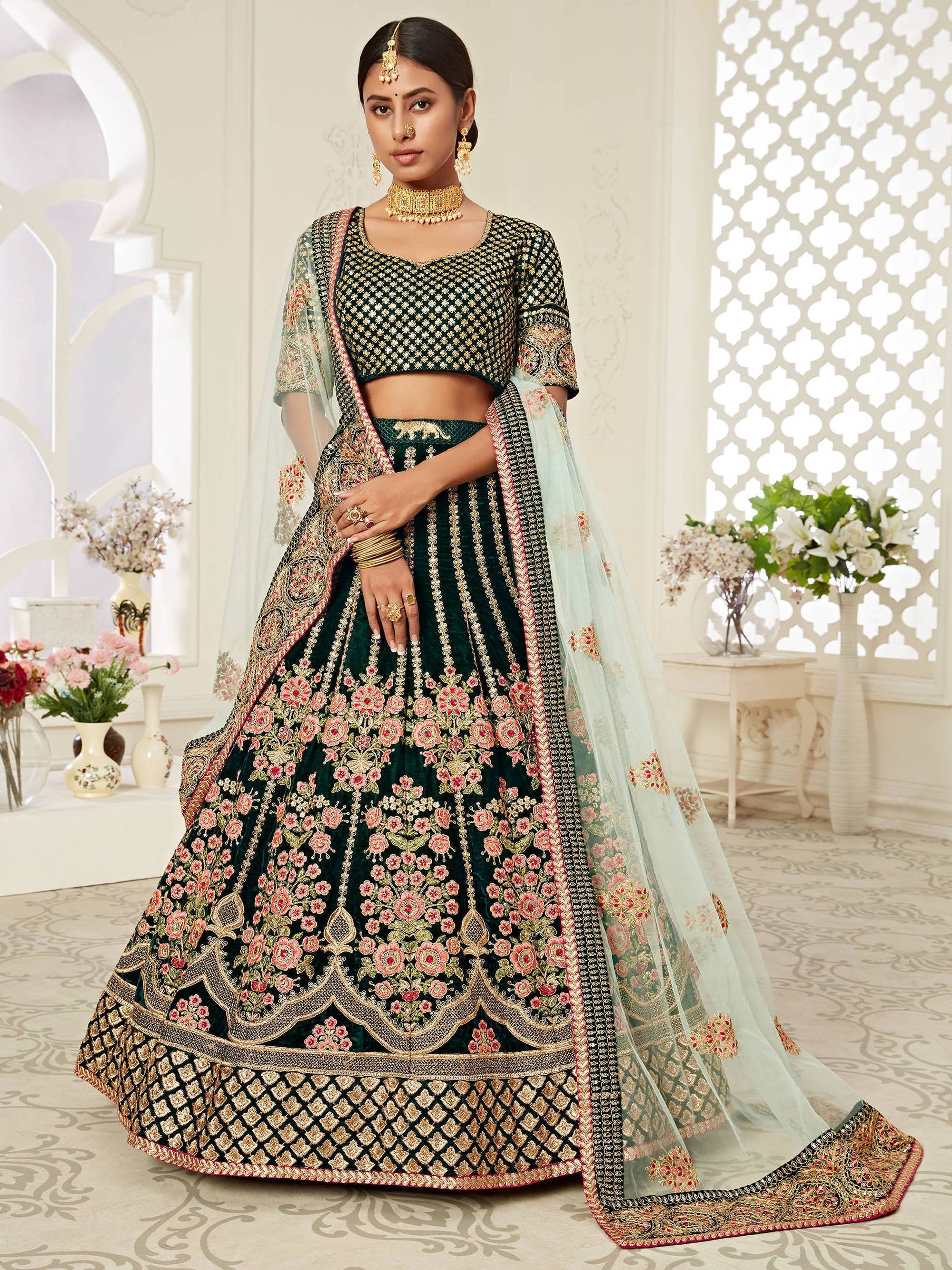 Glorious Bottle Green Heavily Embroidery Velvet Bridal Lehenga Choli With Light Blue Dupatta Secondary image