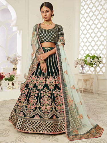 Glorious Bottle Green Heavily Embroidery Velvet Bridal Lehenga Choli With Light Blue Dupatta ClothsVilla