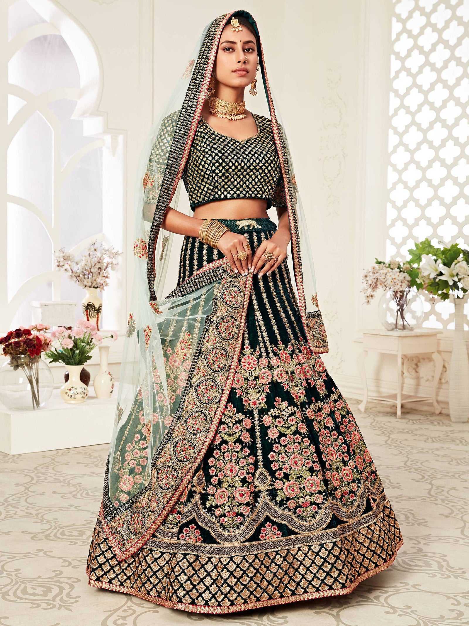 Glorious Bottle Green Heavily Embroidery Velvet Bridal Lehenga Choli With Light Blue Dupatta ClothsVilla