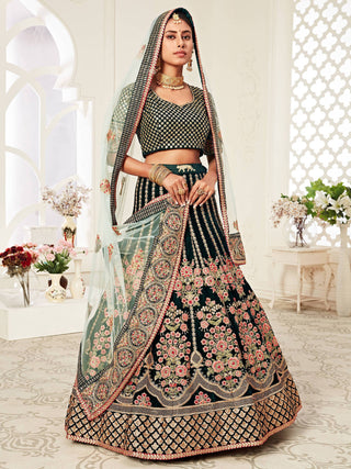 Glorious Bottle Green Heavily Embroidery Velvet Bridal Lehenga Choli With Light Blue Dupatta ClothsVilla