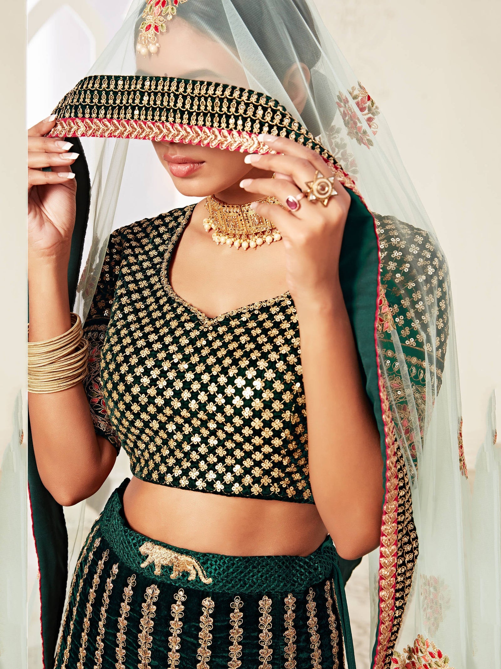 Glorious Bottle Green Heavily Embroidery Velvet Bridal Lehenga Choli With Light Blue Dupatta ClothsVilla
