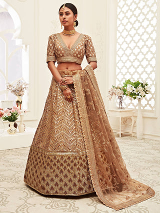 Breathtaking Brown Heavily Sequins Silk Bridal Lehenga Choli ClothsVilla
