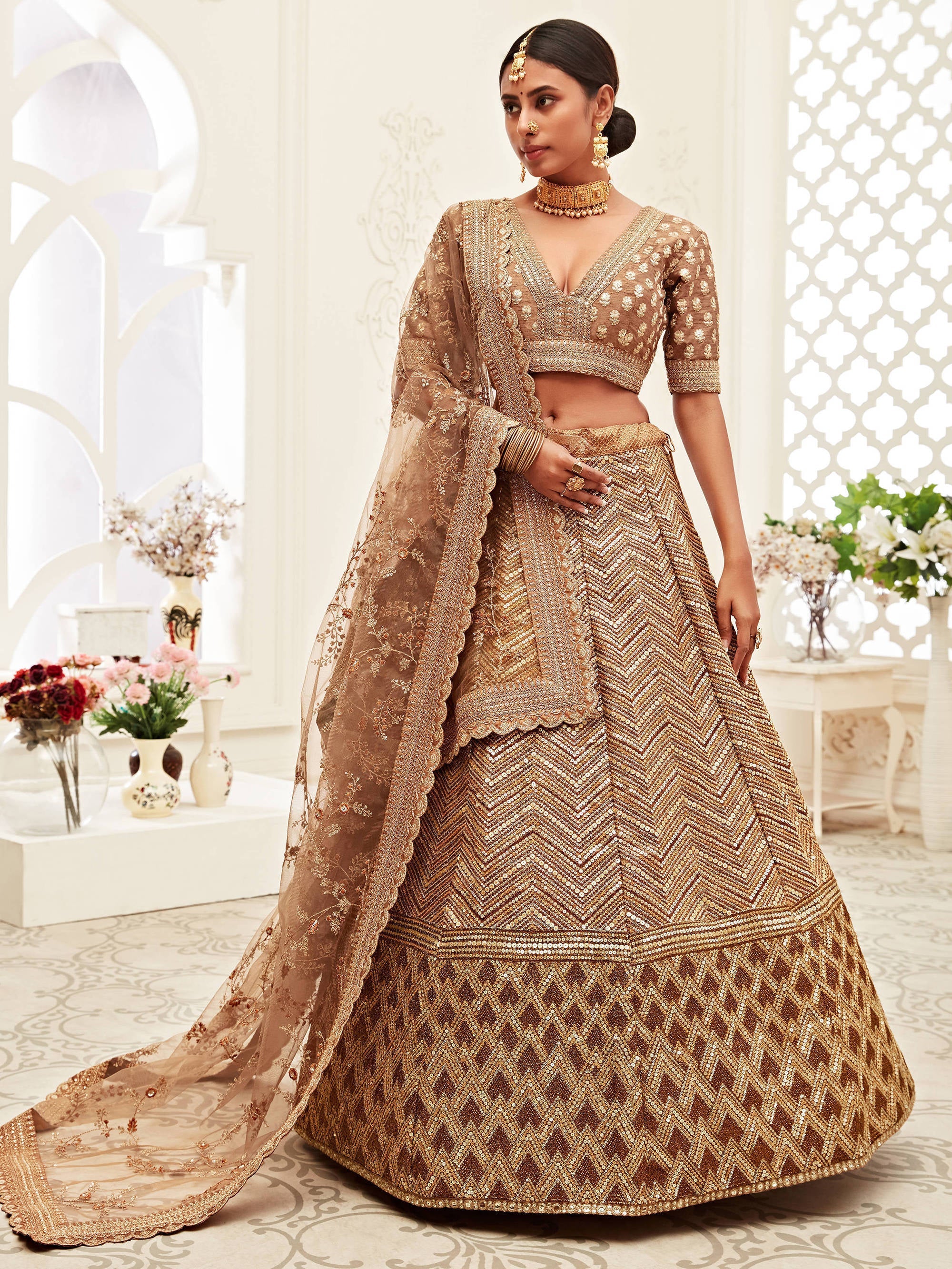 Breathtaking Brown Heavily Sequins Silk Bridal Lehenga Choli ClothsVilla Main image