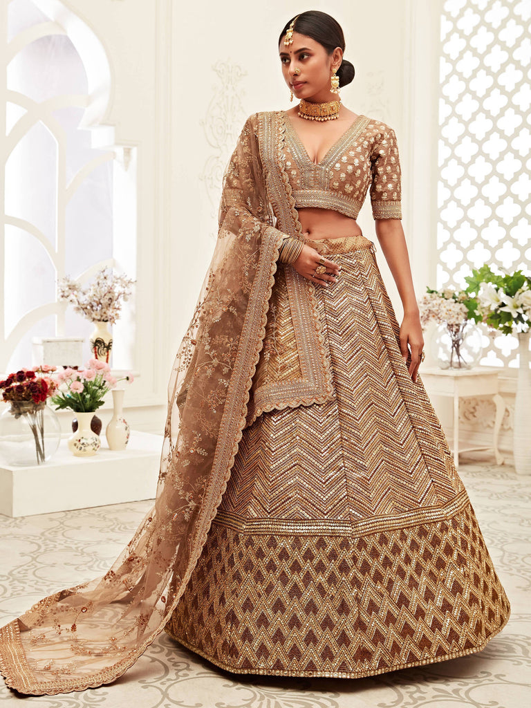 Breathtaking Brown Heavily Sequins Silk Bridal Lehenga Choli ClothsVilla