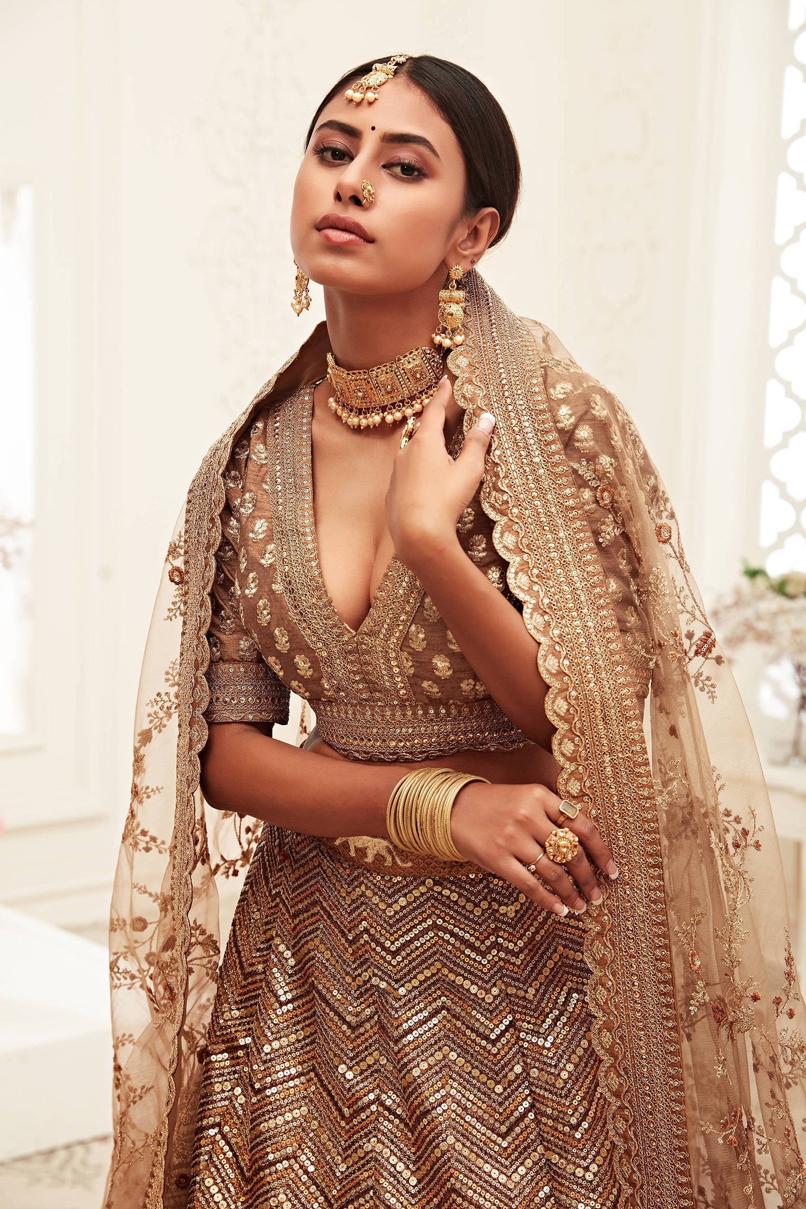 Breathtaking Brown Heavily Sequins Silk Bridal Lehenga Choli ClothsVilla