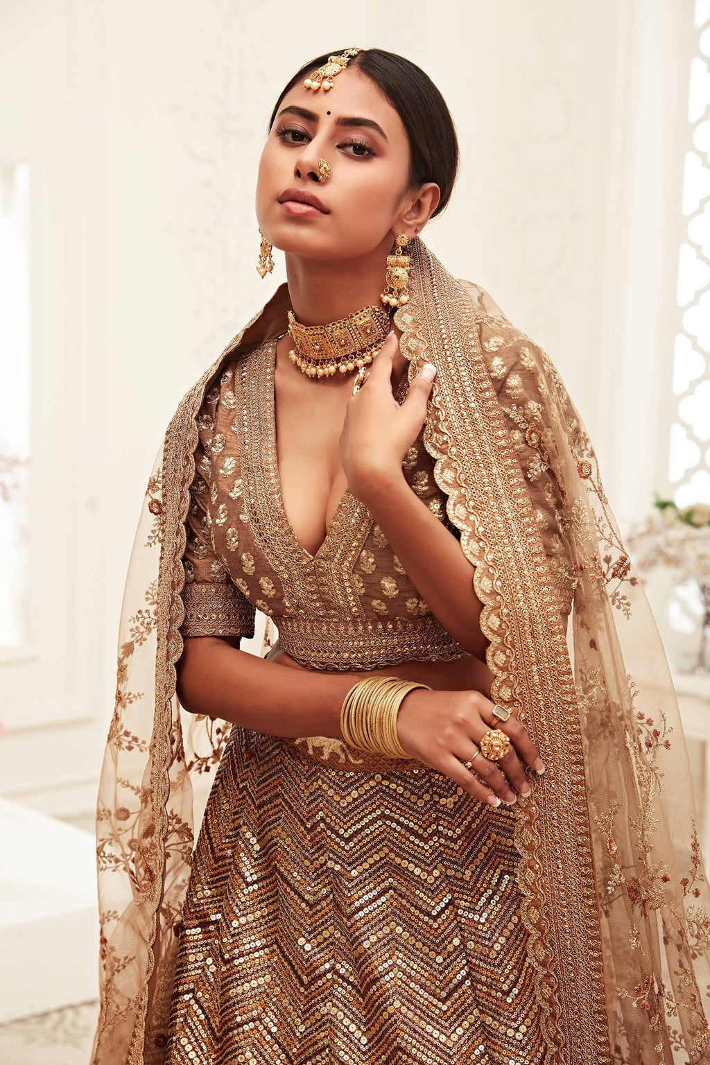 Breathtaking Brown Heavily Sequins Silk Bridal Lehenga Choli ClothsVilla