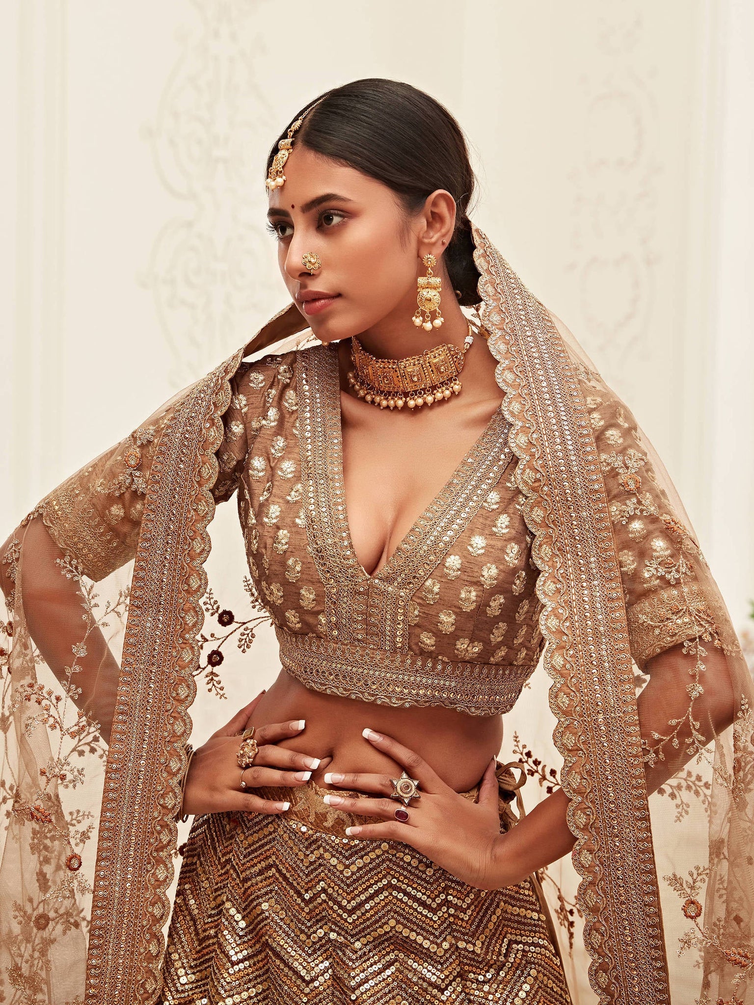 Brown Color Wedding Lehenga Choli in Net With Sequence Embroidery Work in  USA, UK, Malaysia, South Africa, Dubai, Singapore