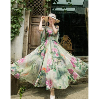 Designer Trendy Short Sleeve Floral Printed Faux Georgette Maxi Dress ClothsVilla
