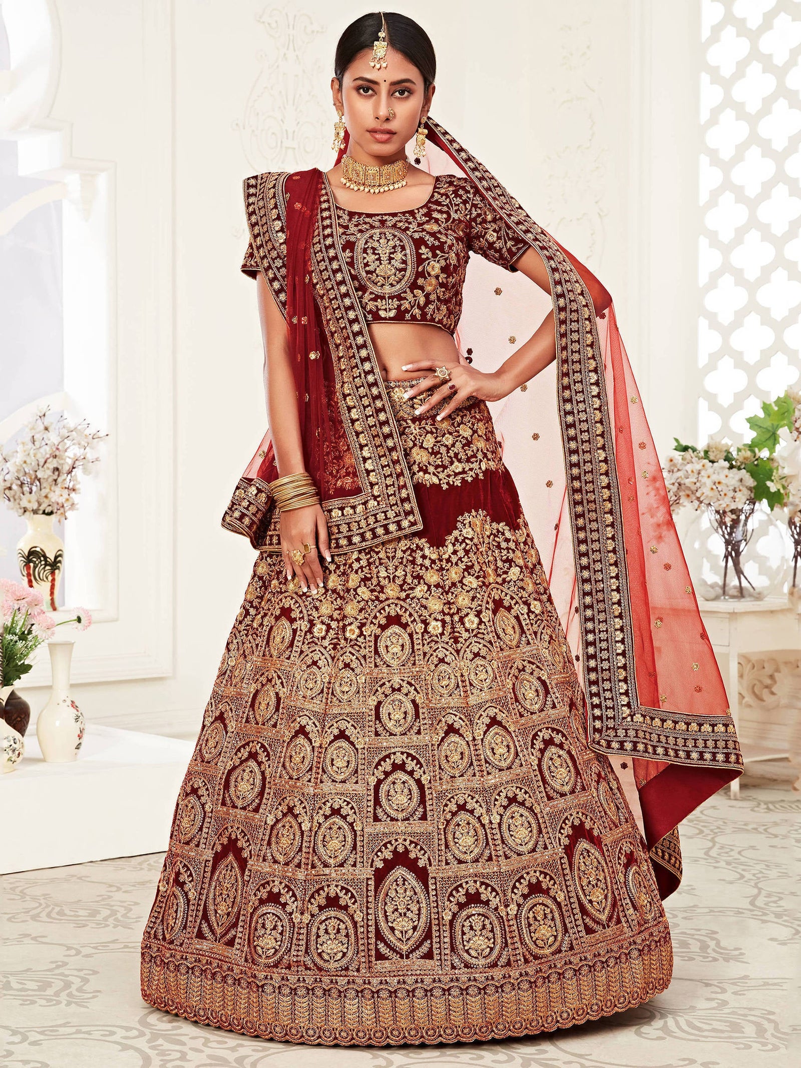 Stunning Red Heavily Sequins Velvet Bridal Lehenga Choli With Dupatta ClothsVilla