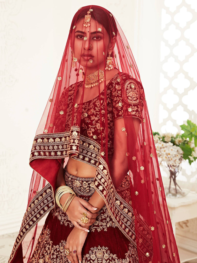 Stunning Red Heavily Sequins Velvet Bridal Lehenga Choli With Dupatta ClothsVilla