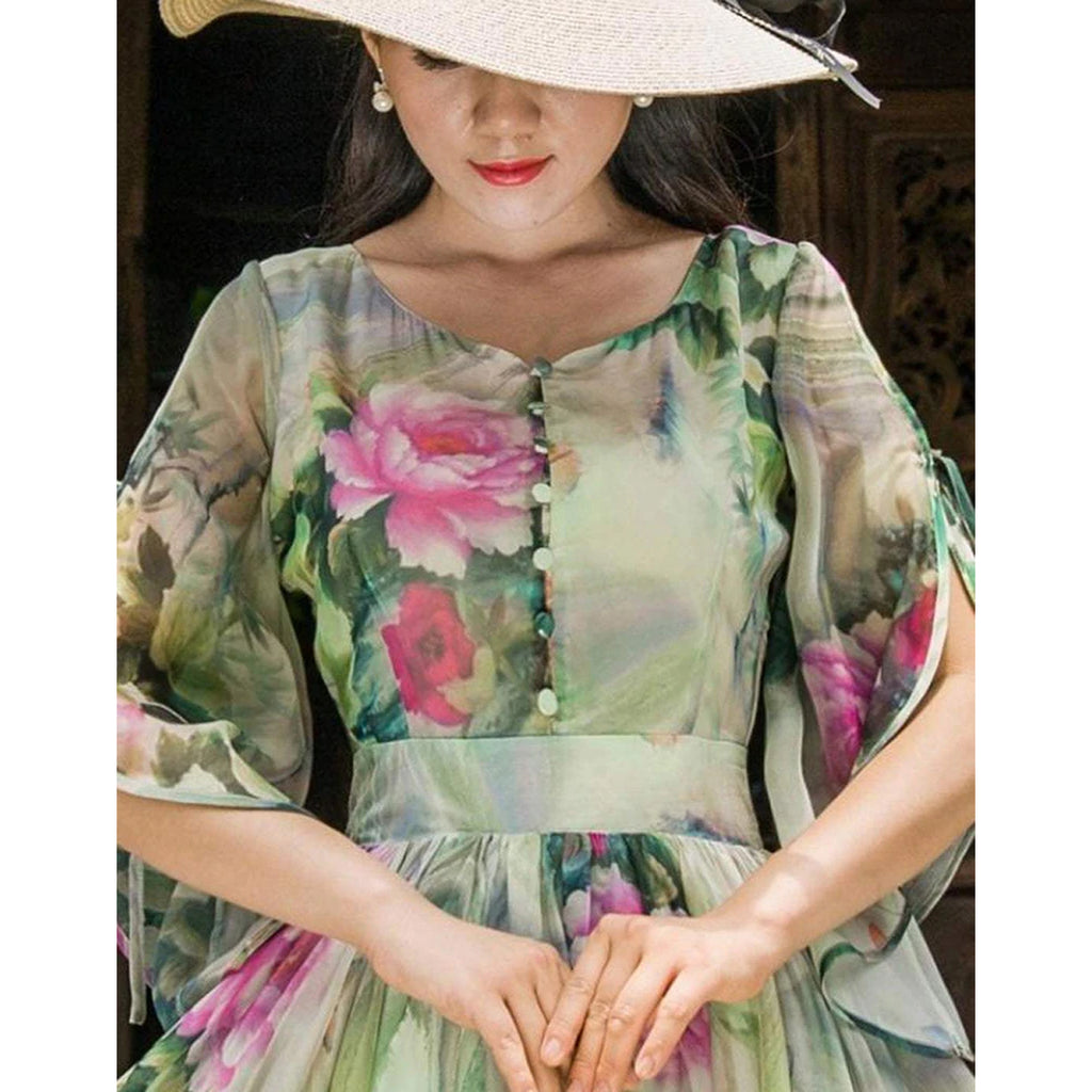 Designer Trendy Short Sleeve Floral Printed Faux Georgette Maxi Dress ClothsVilla