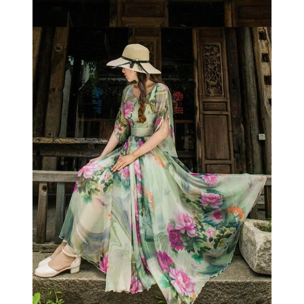 Designer Trendy Short Sleeve Floral Printed Faux Georgette Maxi Dress ClothsVilla