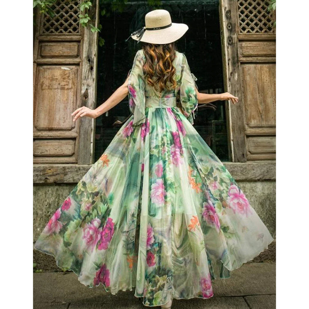 Designer Trendy Short Sleeve Floral Printed Faux Georgette Maxi Dress ClothsVilla