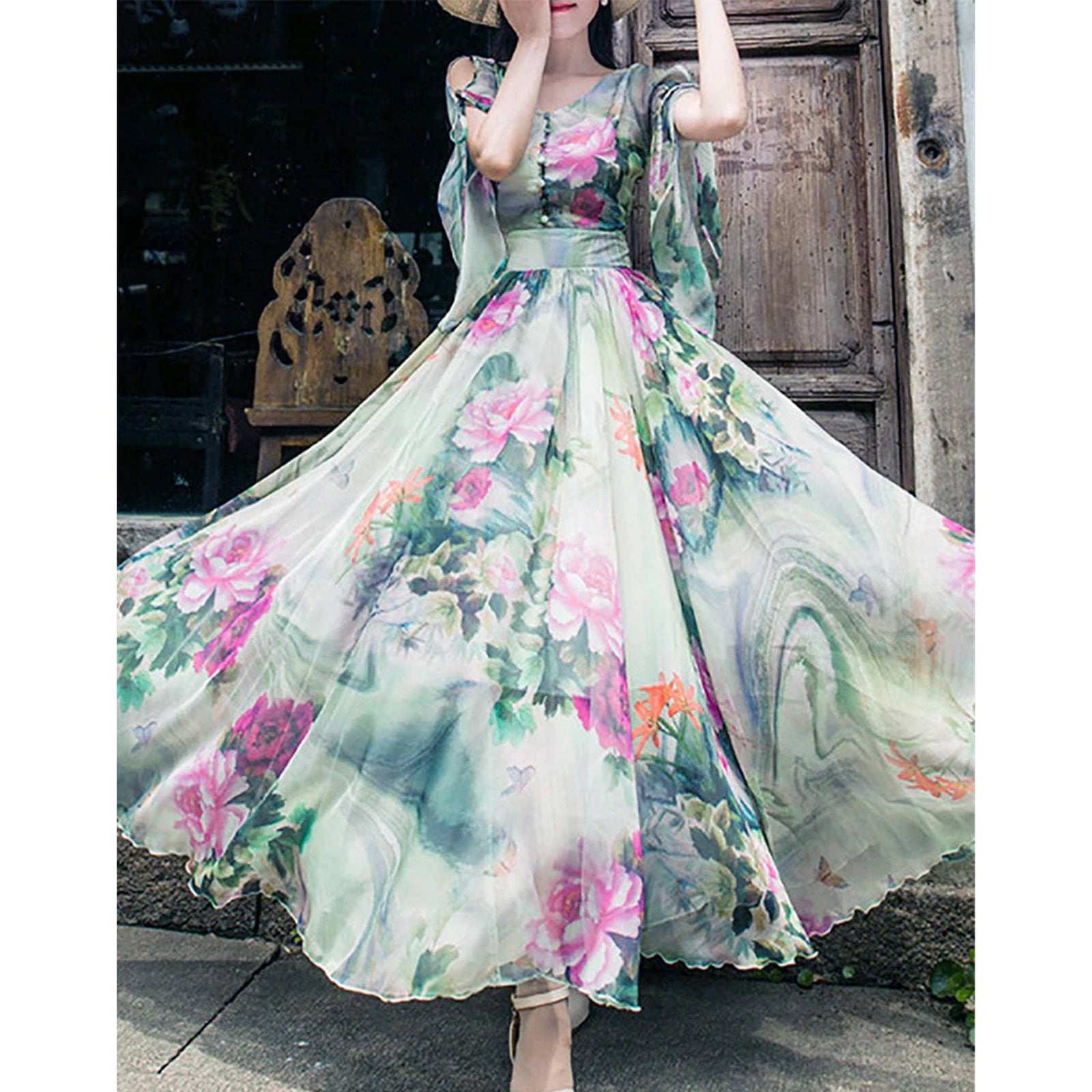 Designer Trendy Short Sleeve Floral Printed Faux Georgette Maxi Dress ClothsVilla