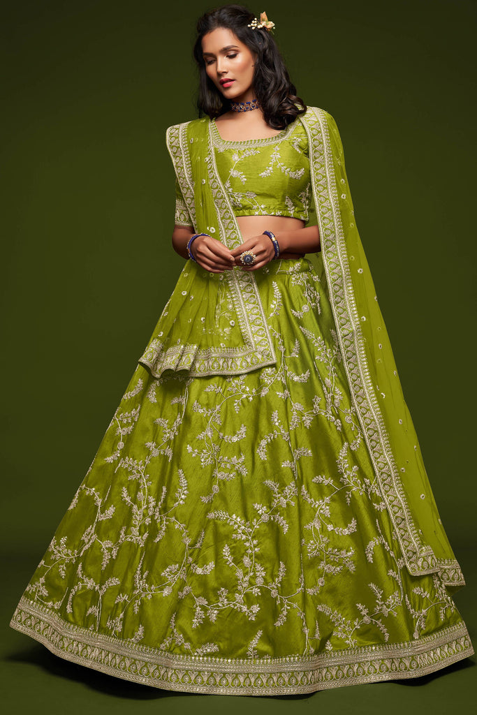 Beautiful Neon Green Thread Embroidered Silk Wedding Wear Lehenga Choli ClothsVilla