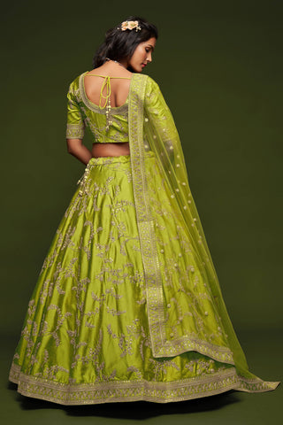Beautiful Neon Green Thread Embroidered Silk Wedding Wear Lehenga Choli ClothsVilla