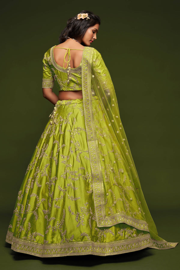Beautiful Neon Green Thread Embroidered Silk Wedding Wear Lehenga Choli ClothsVilla