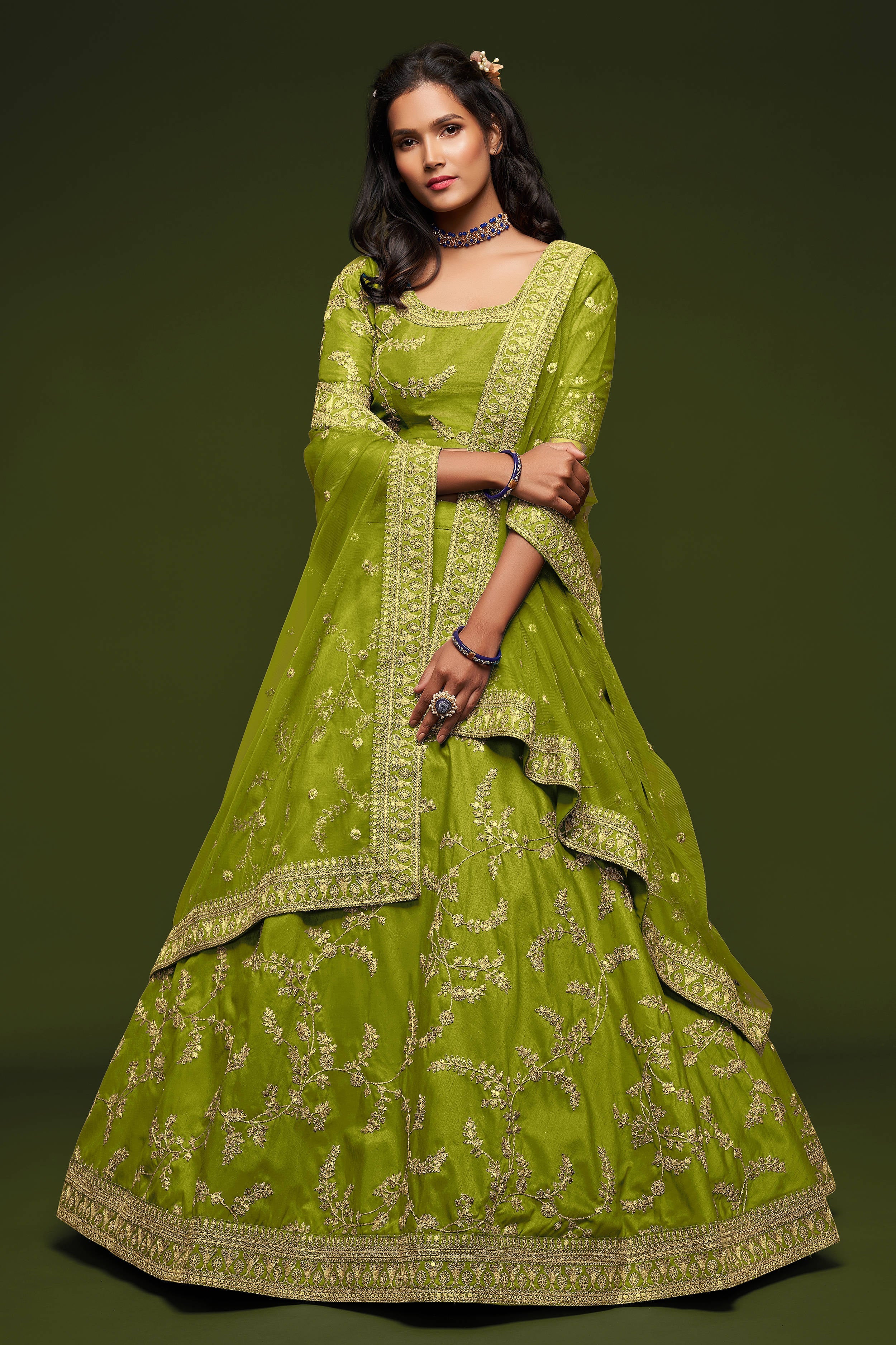 Beautiful Neon Green Thread Embroidered Silk Wedding Wear Lehenga Choli ClothsVilla Main image