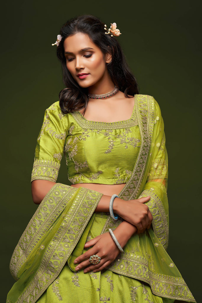 Beautiful Neon Green Thread Embroidered Silk Wedding Wear Lehenga Choli ClothsVilla
