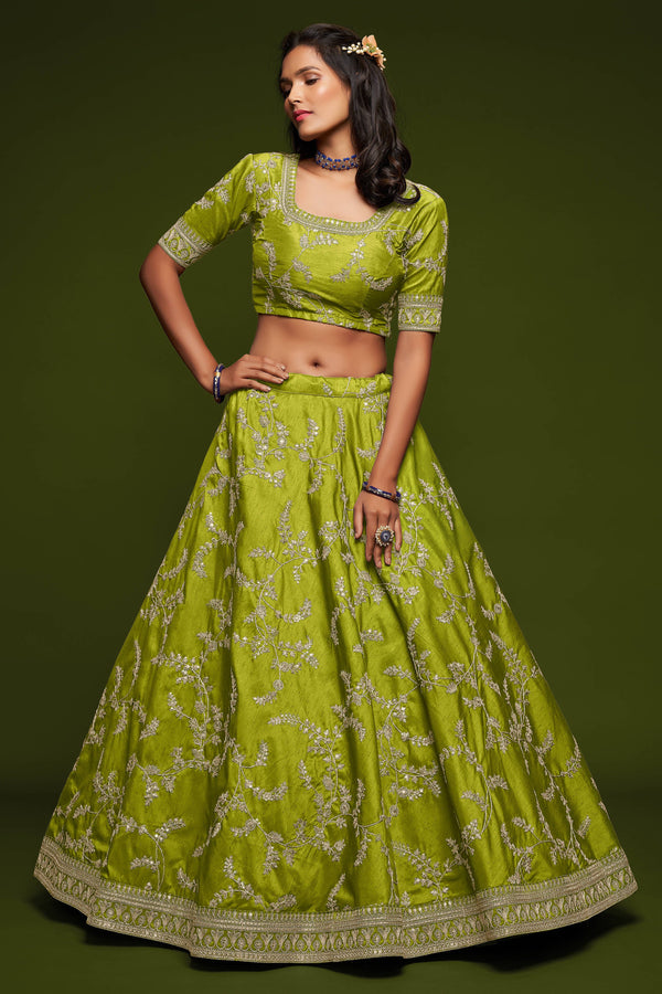 Beautiful Neon Green Thread Embroidered Silk Wedding Wear Lehenga Choli ClothsVilla
