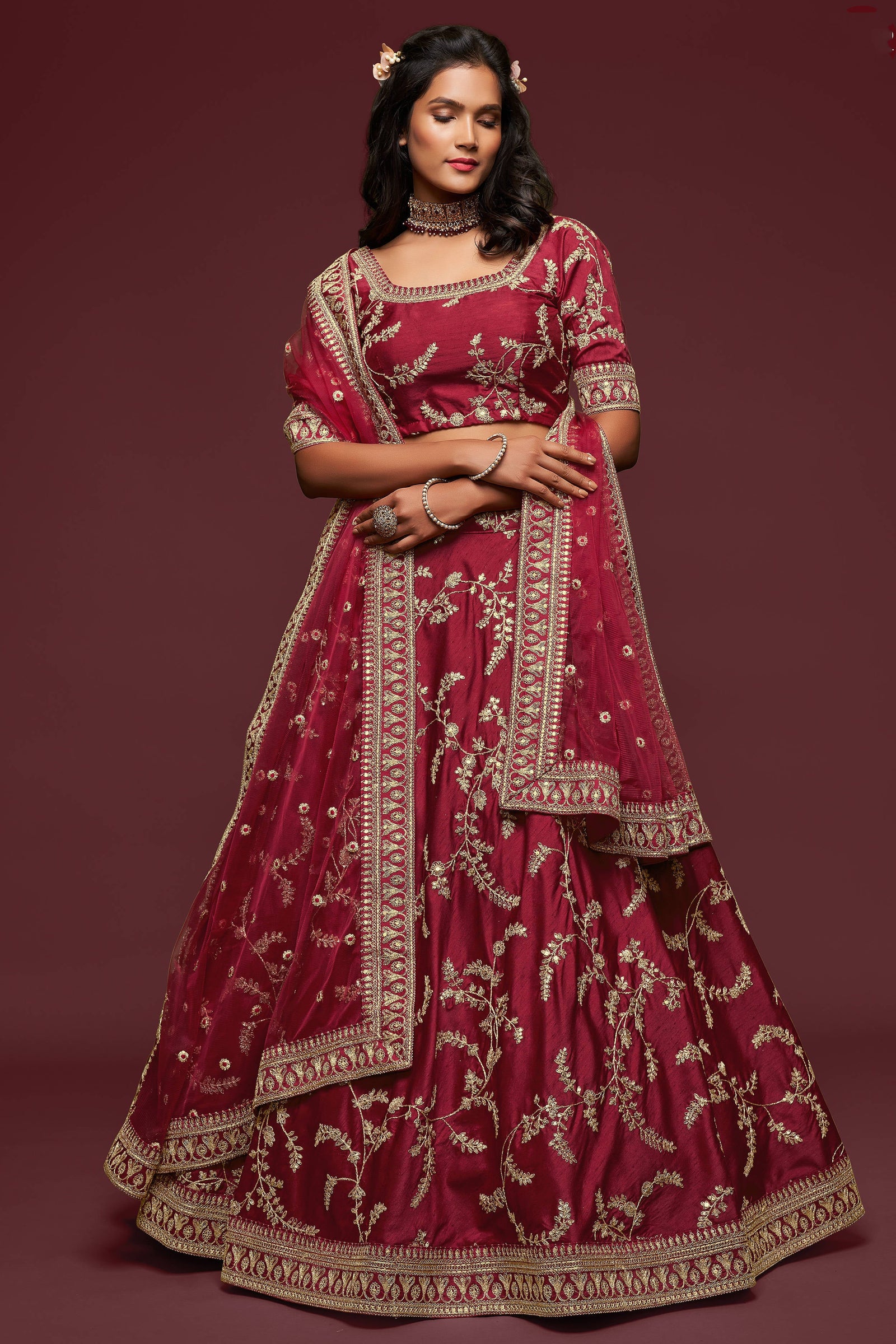 Lovely Maroon Thread Embroidered Silk Wedding Wear Lehenga Choli ClothsVilla