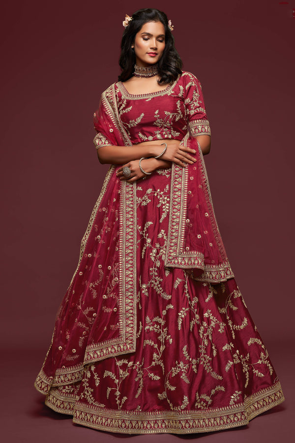 Lovely Maroon Thread Embroidered Silk Wedding Wear Lehenga Choli ClothsVilla