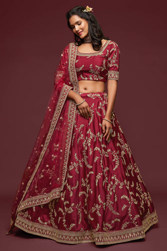 Lovely Maroon Thread Embroidered Silk Wedding Wear Lehenga Choli ClothsVilla