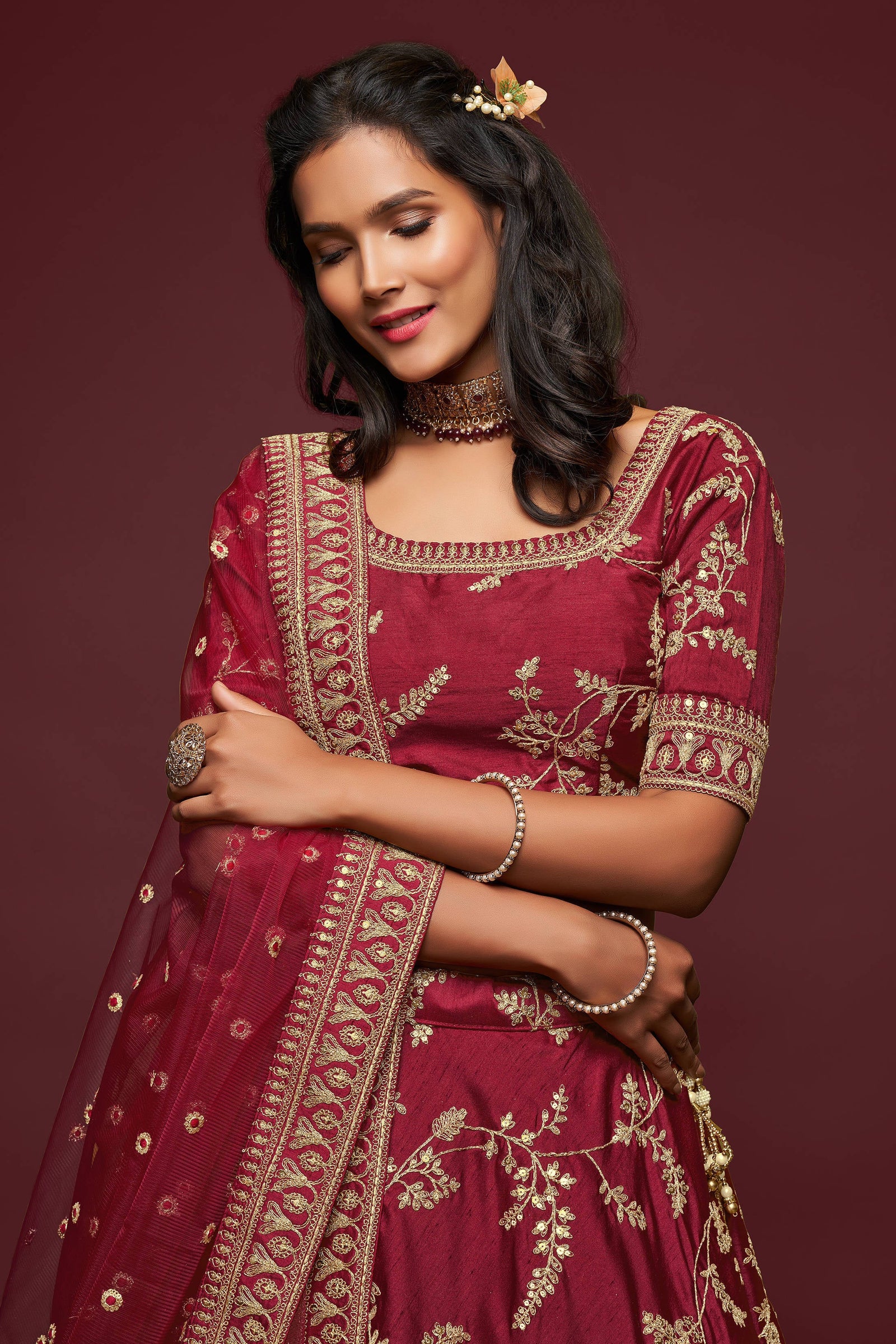 Lovely Maroon Thread Embroidered Silk Wedding Wear Lehenga Choli ClothsVilla