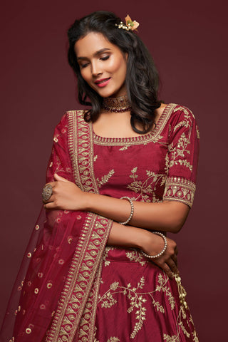 Lovely Maroon Thread Embroidered Silk Wedding Wear Lehenga Choli ClothsVilla
