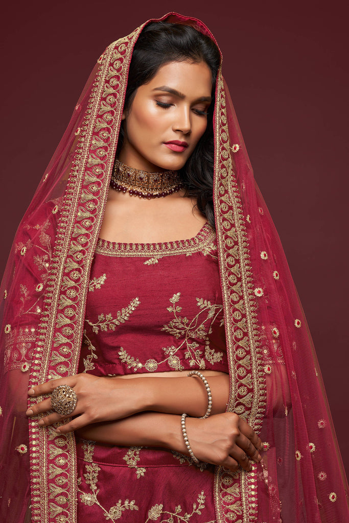 Lovely Maroon Thread Embroidered Silk Wedding Wear Lehenga Choli ClothsVilla