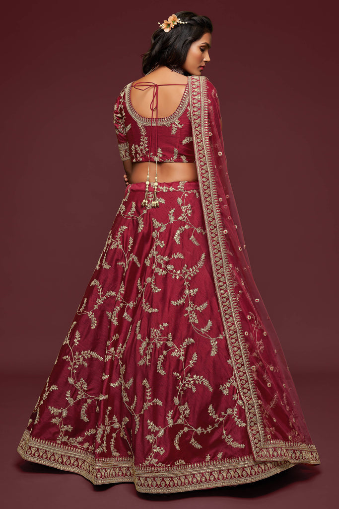 Lovely Maroon Thread Embroidered Silk Wedding Wear Lehenga Choli ClothsVilla