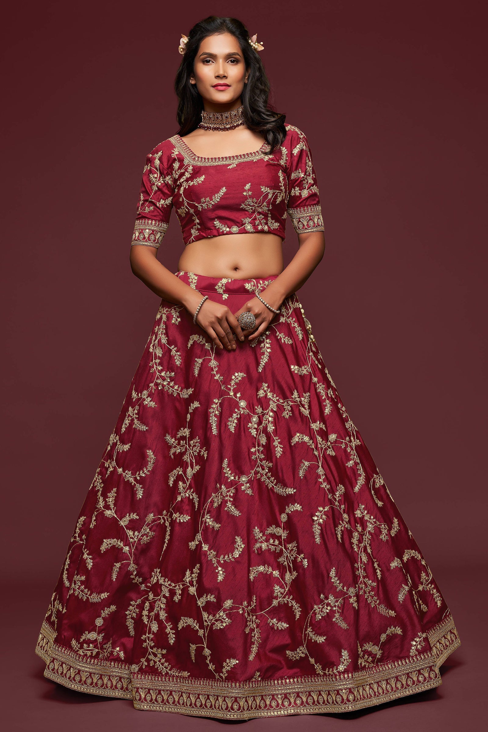 Lovely Maroon Thread Embroidered Silk Wedding Wear Lehenga Choli ClothsVilla