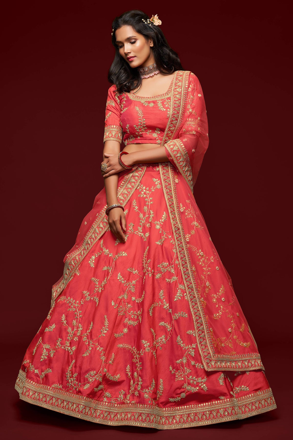Attractive Coral Red Thread Embroidered Silk Wedding Wear Lehenga Choli ClothsVilla Main image