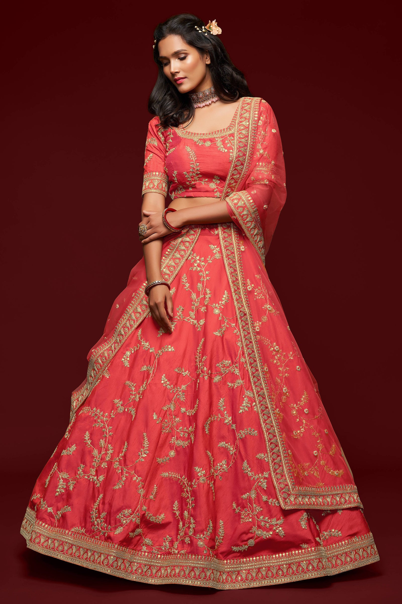 Attractive Coral Red Thread Embroidered Silk Wedding Wear Lehenga Choli ClothsVilla