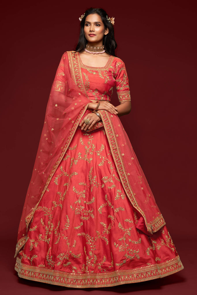 Attractive Coral Red Thread Embroidered Silk Wedding Wear Lehenga Choli ClothsVilla