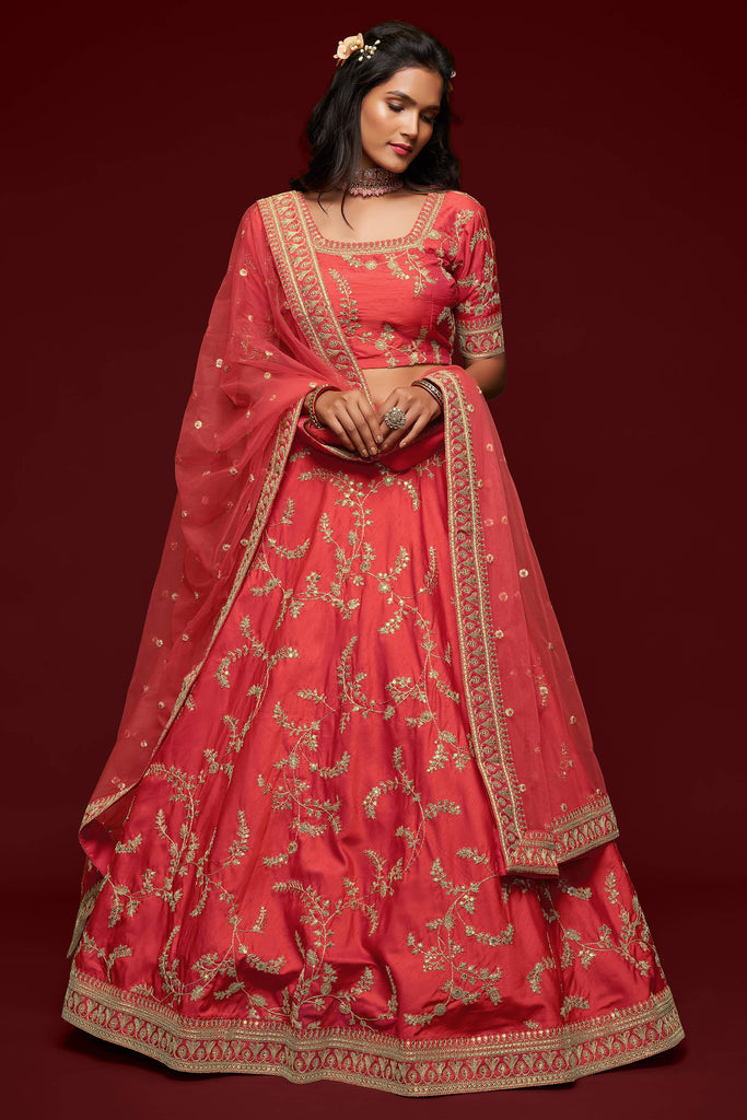 Attractive Coral Red Thread Embroidered Silk Wedding Wear Lehenga Choli ClothsVilla