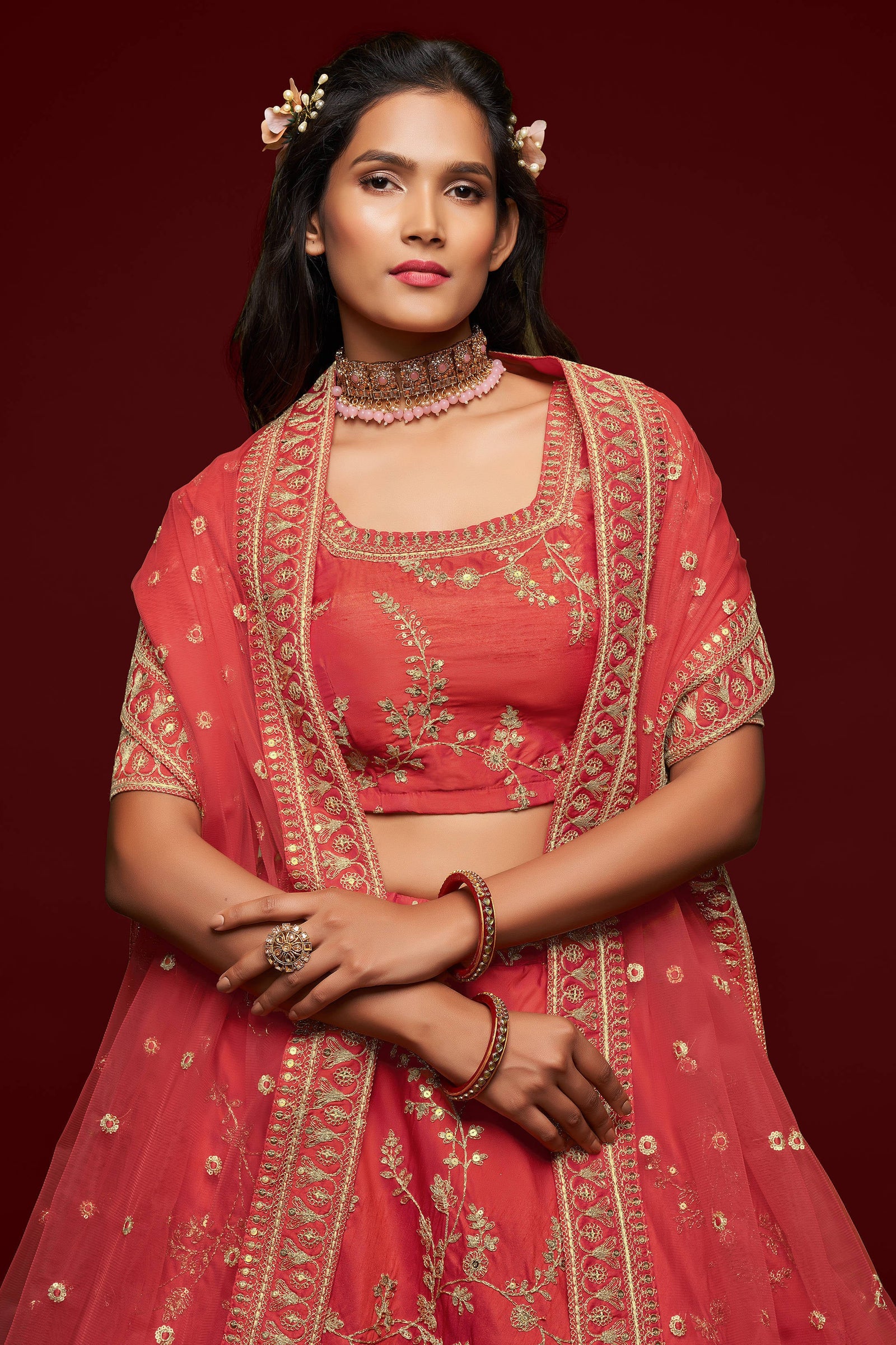 Attractive Coral Red Thread Embroidered Silk Wedding Wear Lehenga Choli ClothsVilla