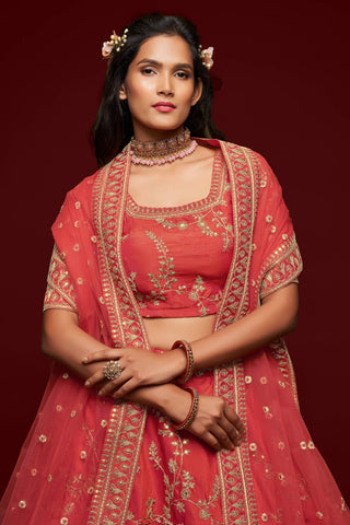 Attractive Coral Red Thread Embroidered Silk Wedding Wear Lehenga Choli ClothsVilla