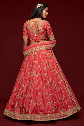Attractive Coral Red Thread Embroidered Silk Wedding Wear Lehenga Choli ClothsVilla