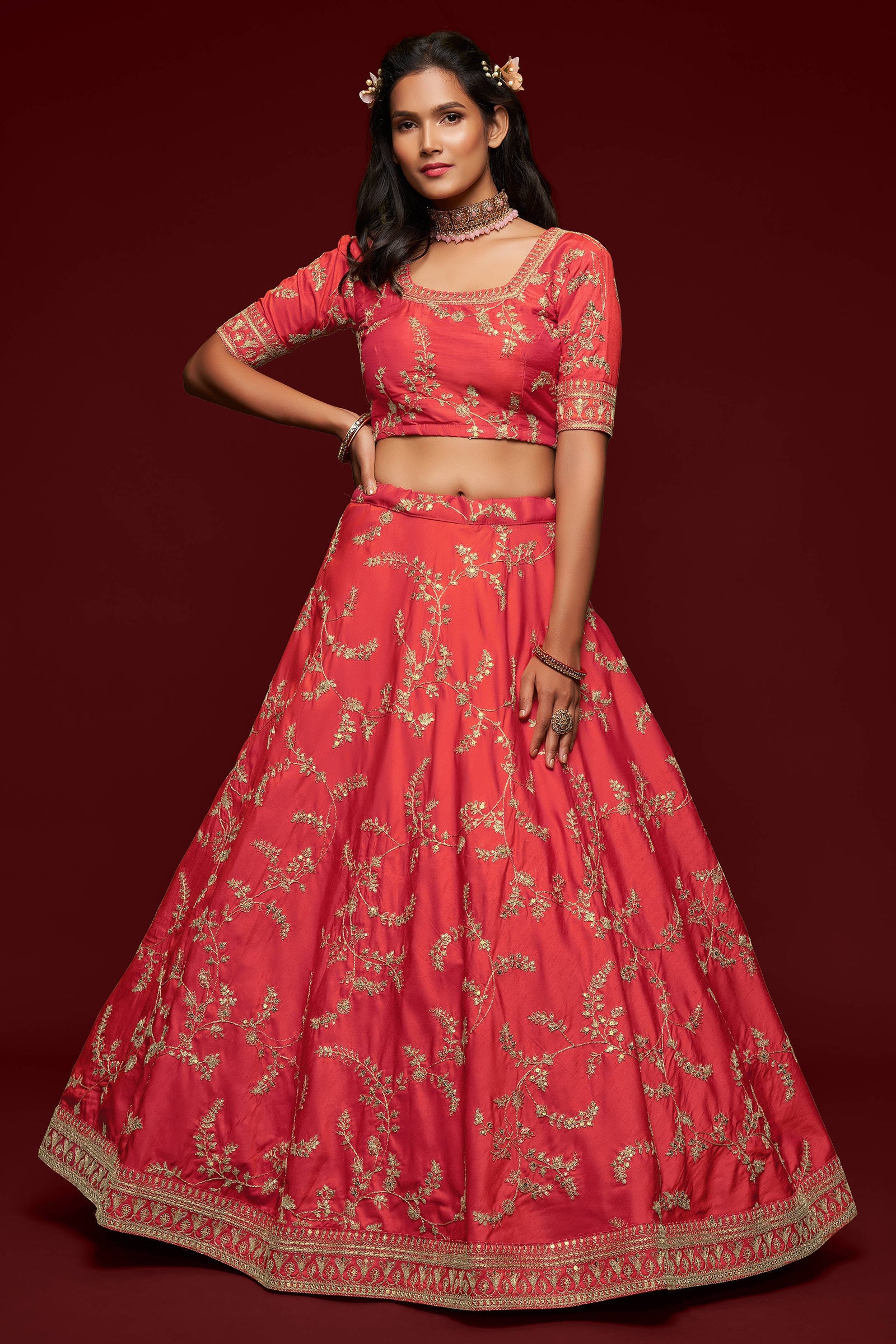 Attractive Coral Red Thread Embroidered Silk Wedding Wear Lehenga Choli ClothsVilla