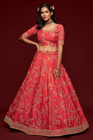 Attractive Coral Red Thread Embroidered Silk Wedding Wear Lehenga Choli ClothsVilla