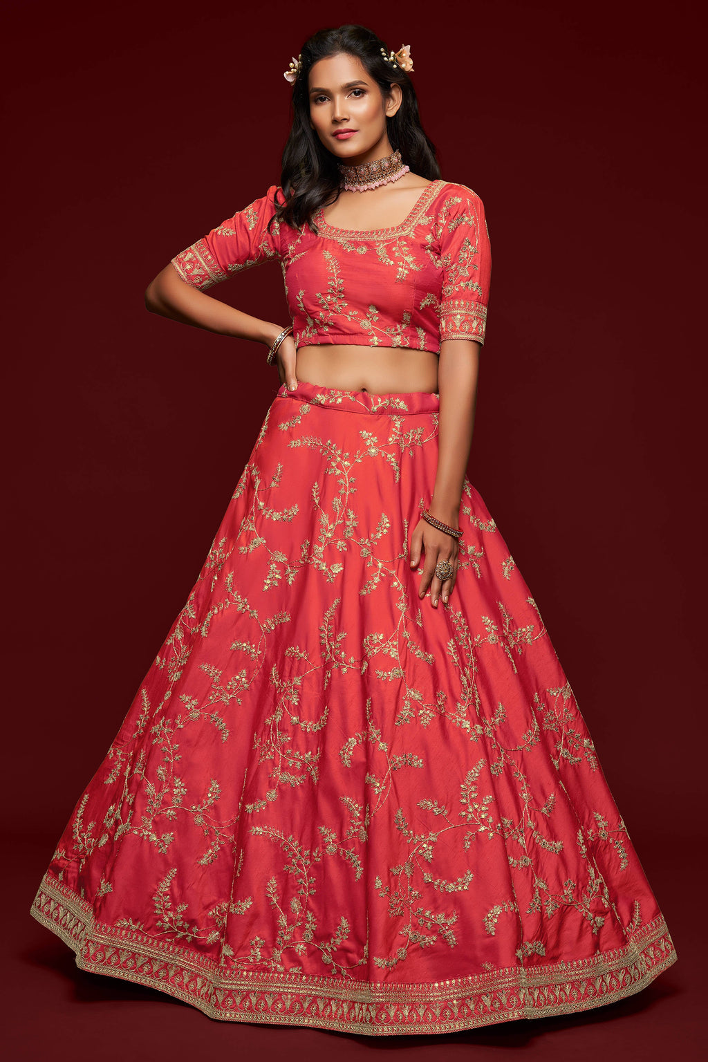 Attractive Coral Red Thread Embroidered Silk Wedding Wear Lehenga Choli ClothsVilla