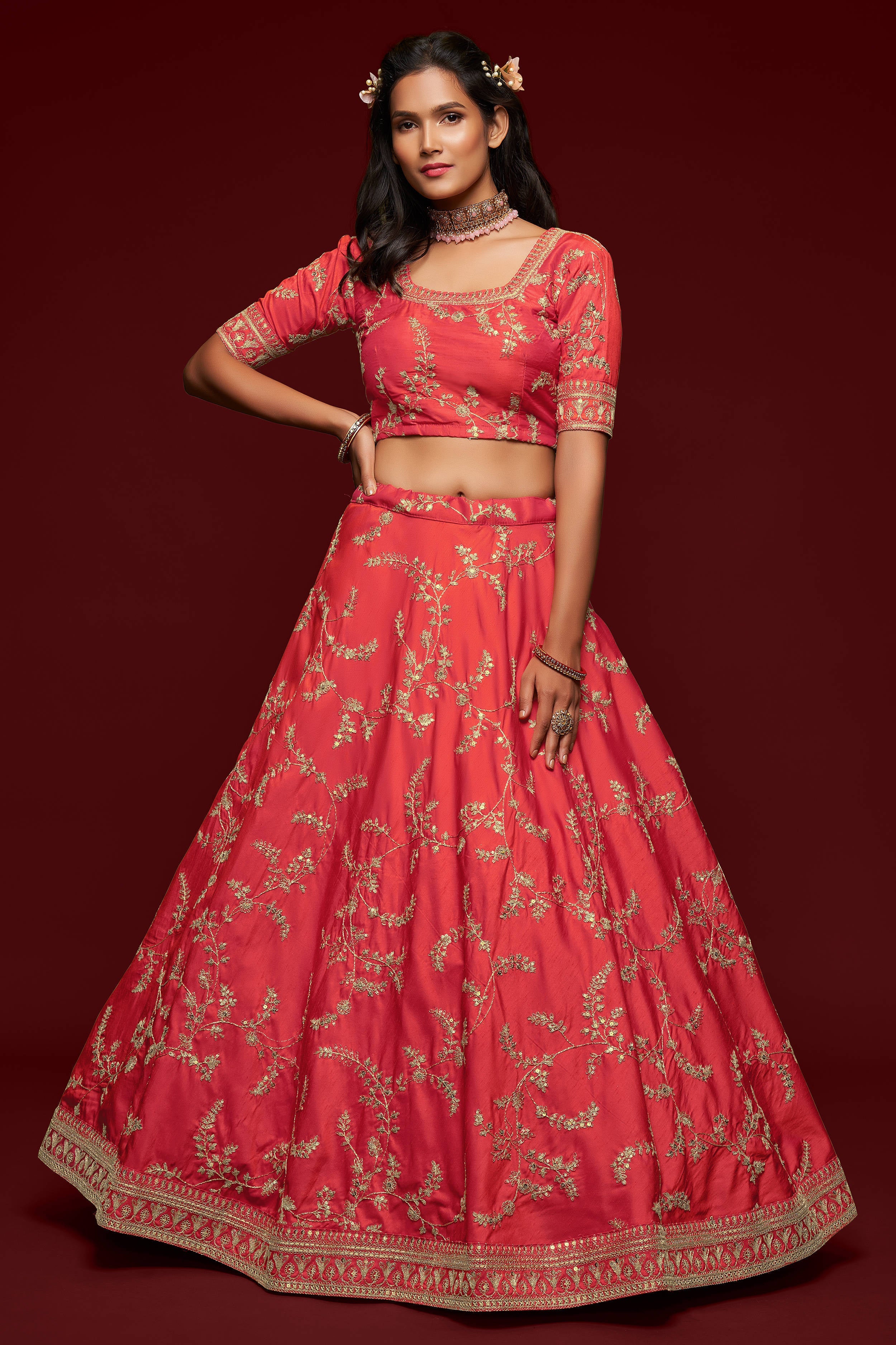 Attractive Coral Red Thread Embroidered Silk Wedding Wear Lehenga Choli ClothsVilla