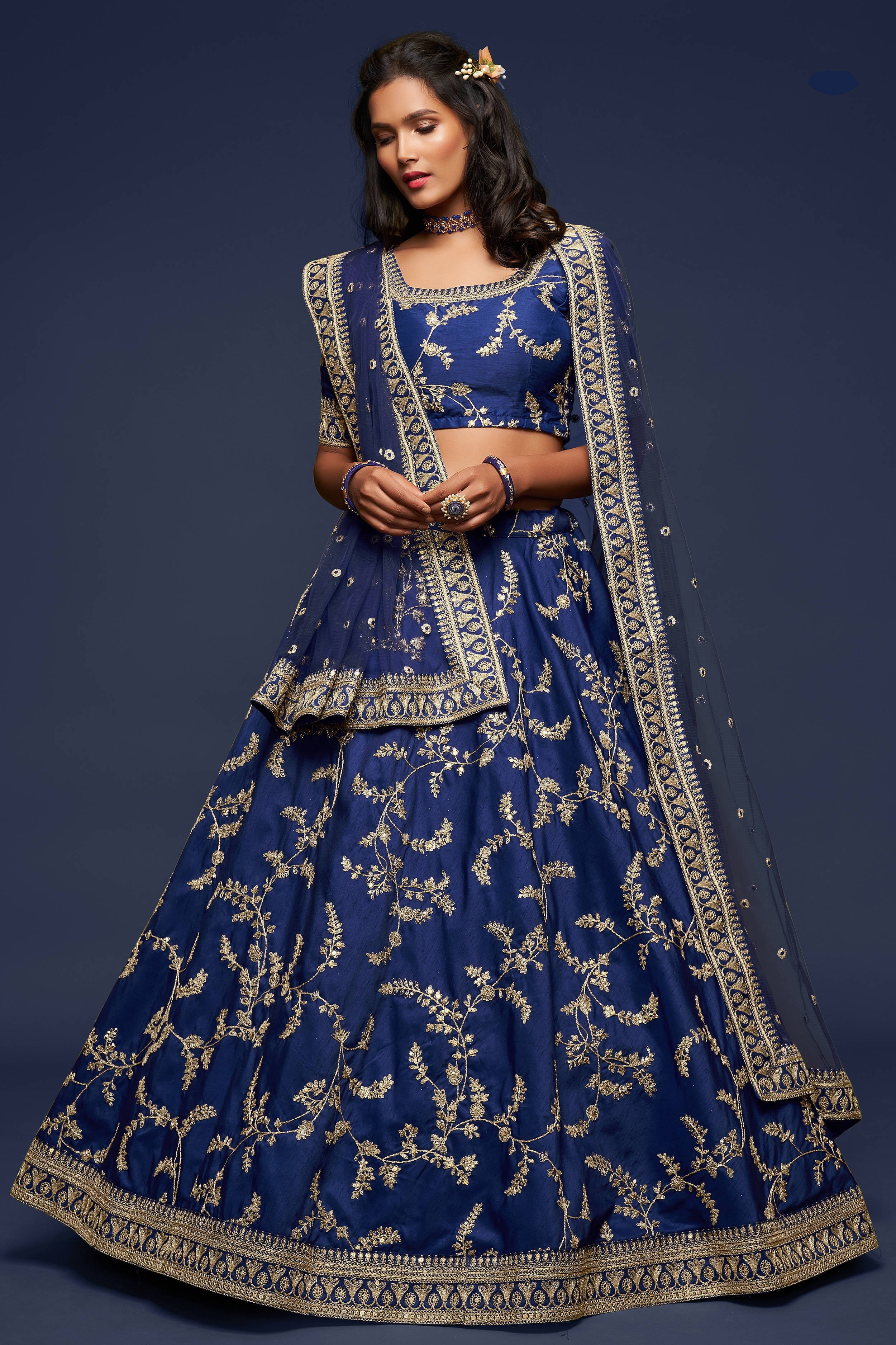 Charming Blue Thread Embroidered Silk Wedding Wear Lehenga Choli Secondary image
