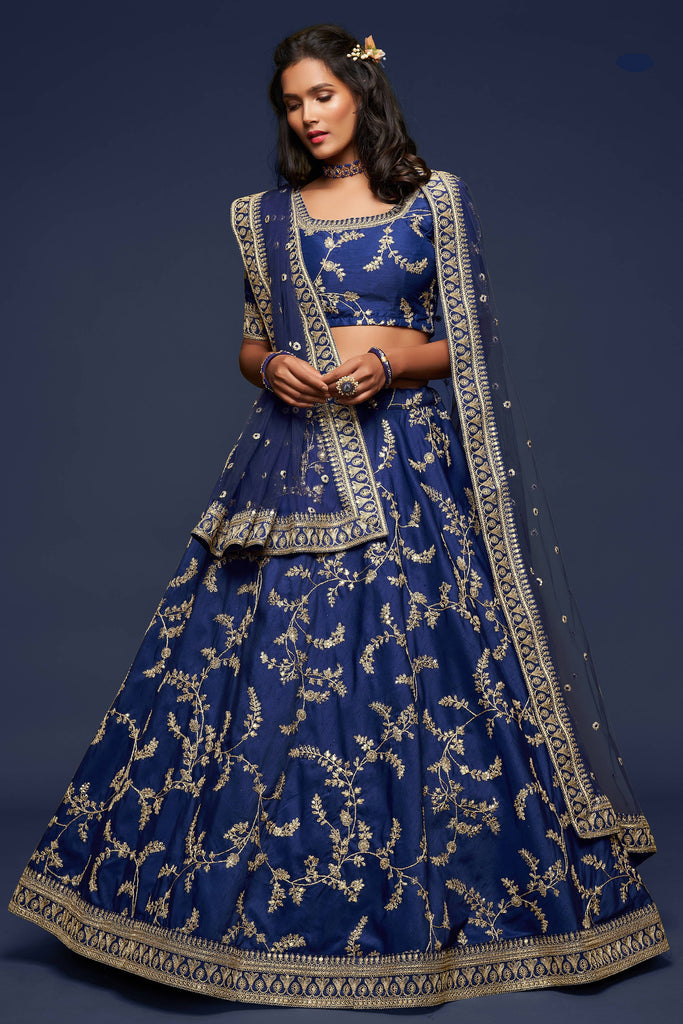 Charming Blue Thread Embroidered Silk Wedding Wear Lehenga Choli ClothsVilla